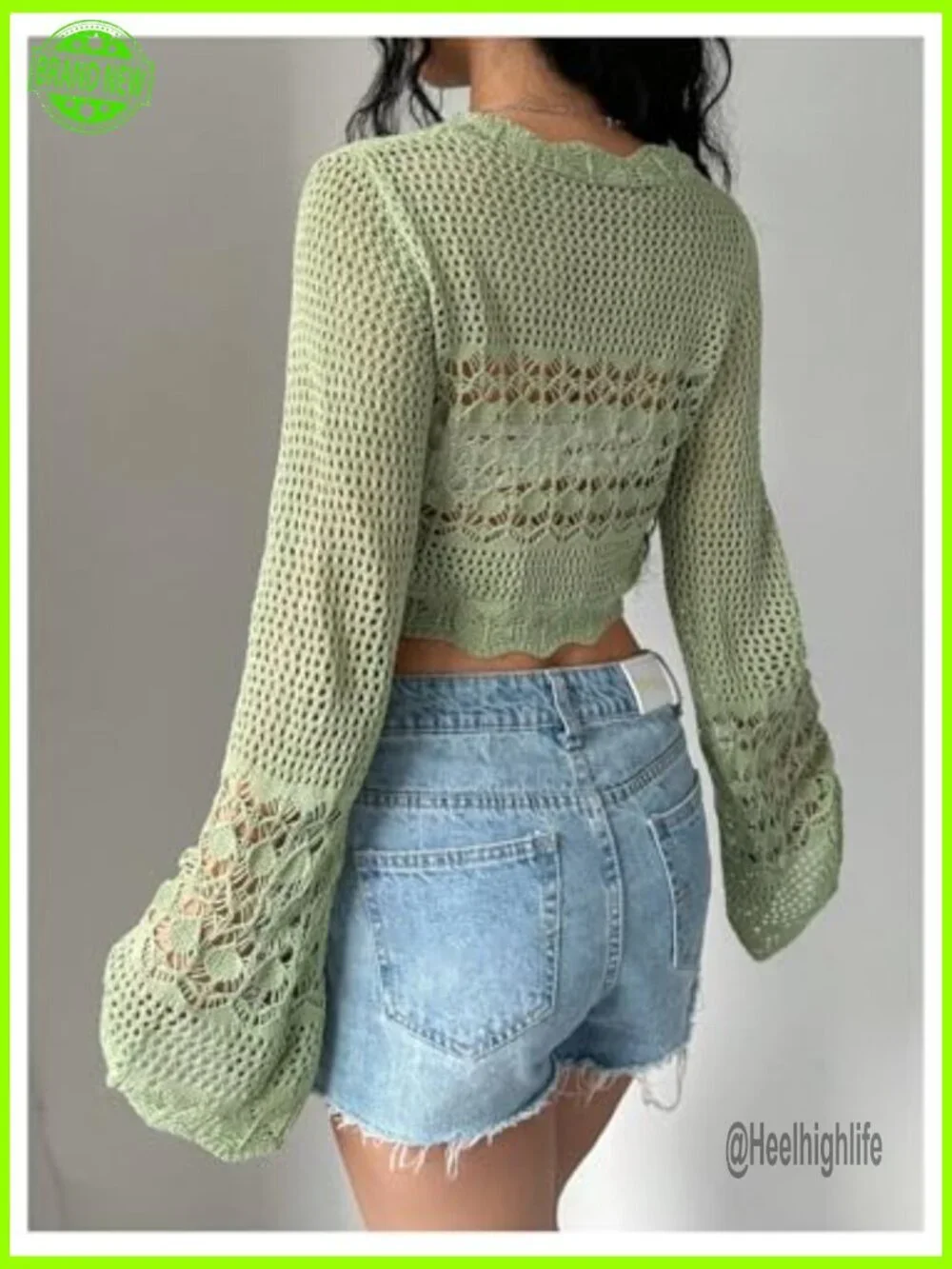 Large Cropped Cardigan Sheer Crochet Shrug Bell Sleeves Tie Front